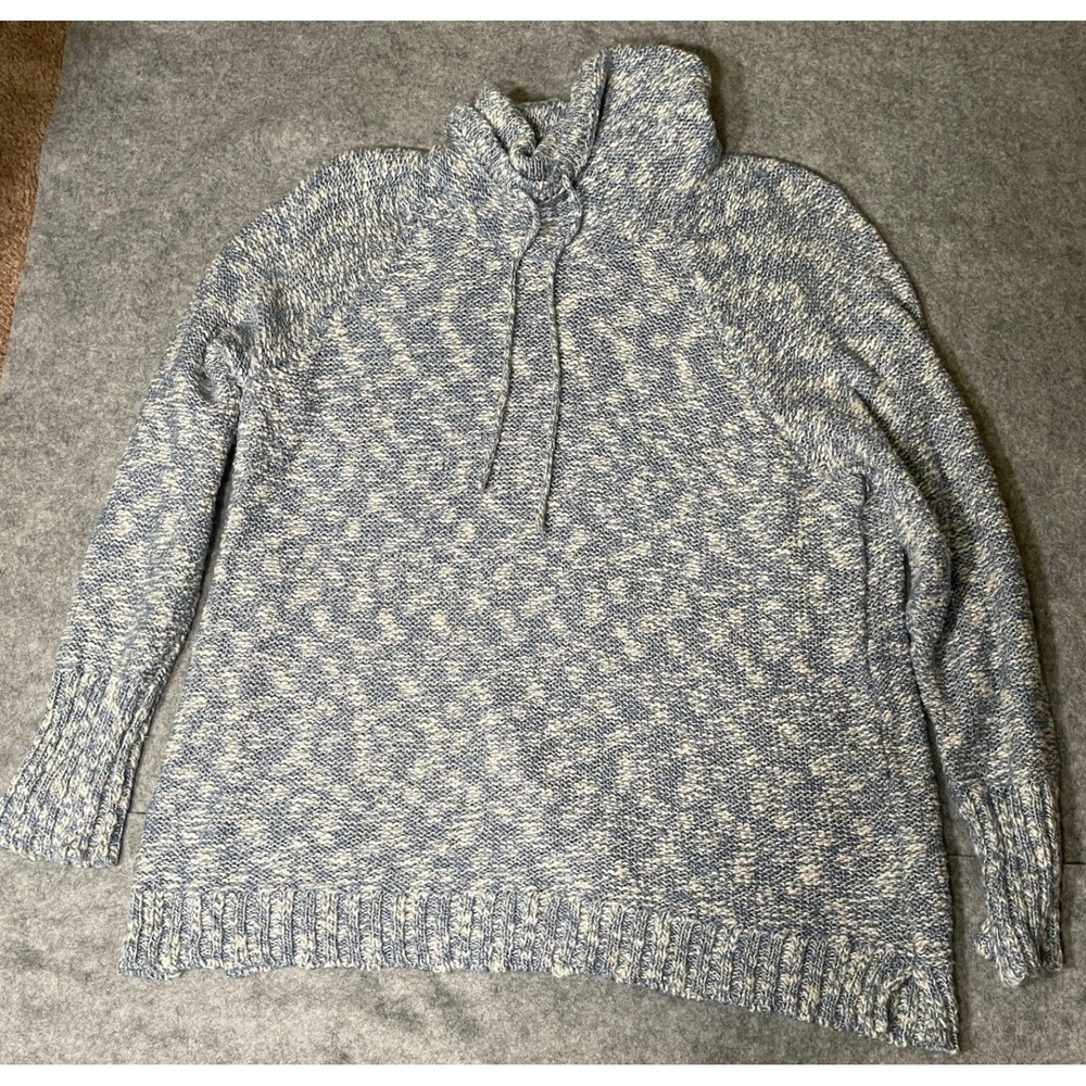 Blue White Marled Cowl Neck Pullover Sweater Womens Raglan Sleeve Knit Top